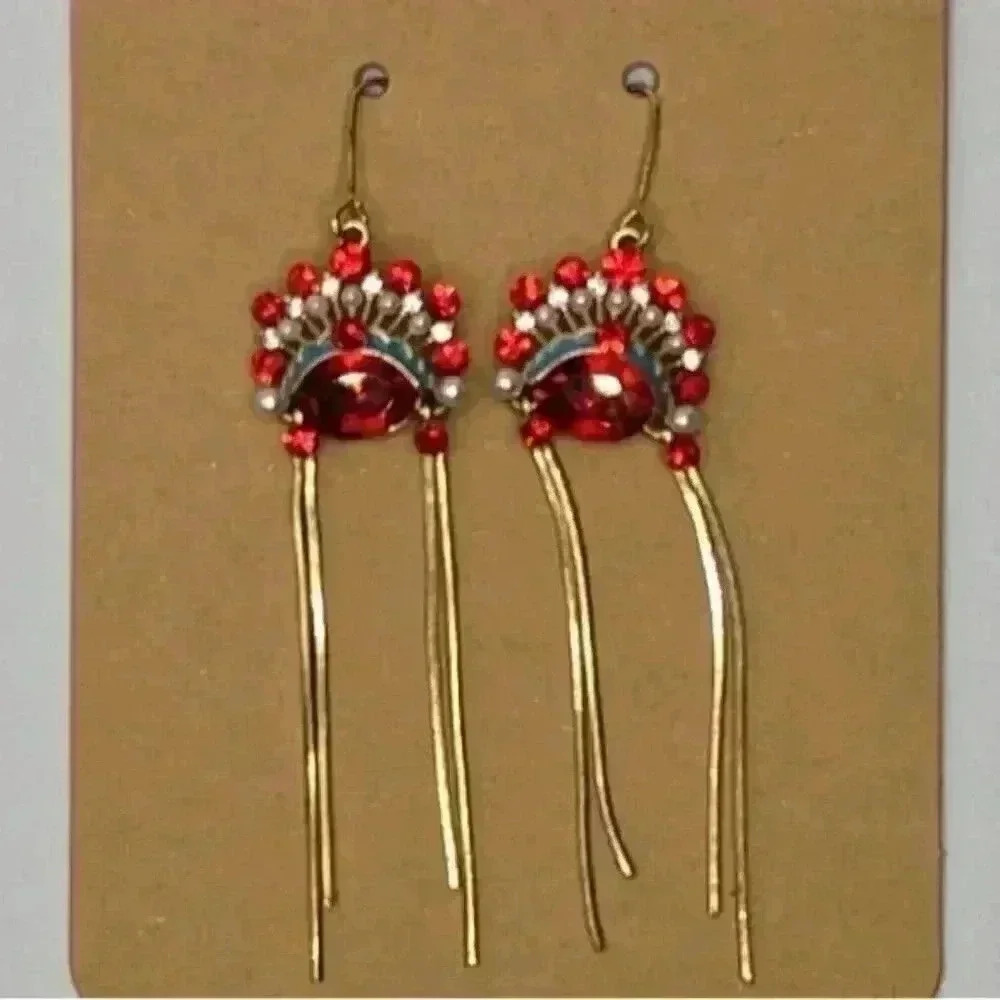 Red ruby color jewel drop swing earrings turquoise enamel baby beaded pearl EUC